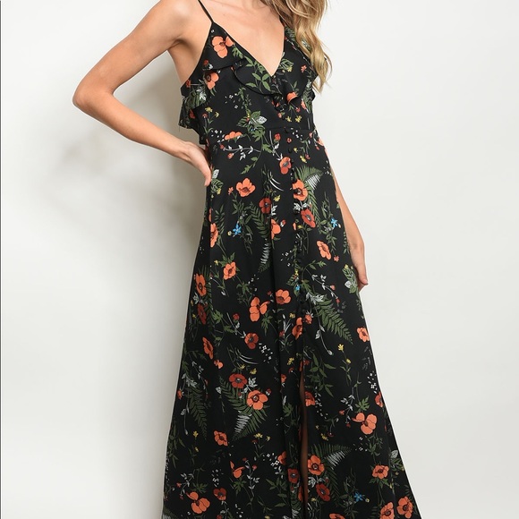 Dresses & Skirts - Black Floral Ruffle Maxi Dress